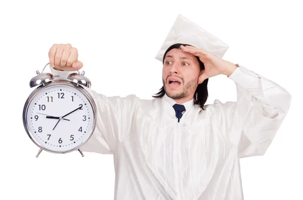 Student mist zijn deadlines met klok op wit — Stockfoto