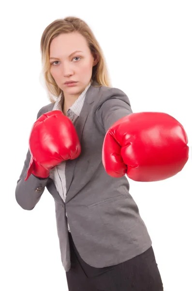 Woman businesswoman with boxing gloves — Stock Photo, Image