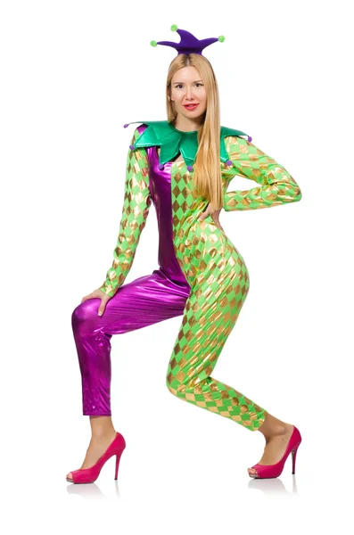 Woman wearing clown costume isolated on white — Stock Photo, Image