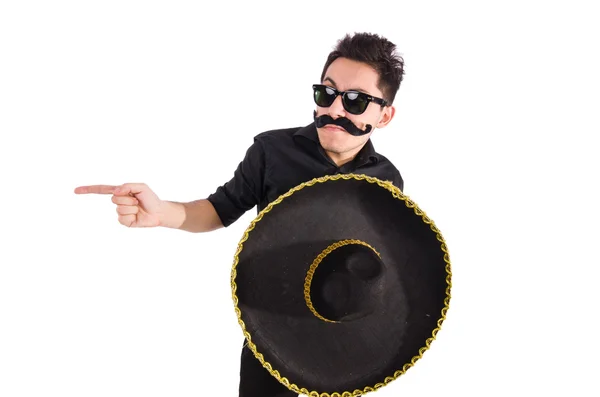 Lustiger Mann mit mexikanischem Sombrero-Hut auf weißem Hintergrund — Stockfoto