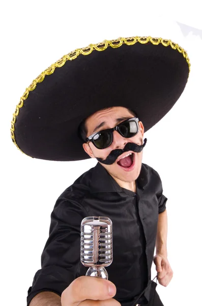 Funny man wearing mexican sombrero hat isolated on white — Stock Photo, Image