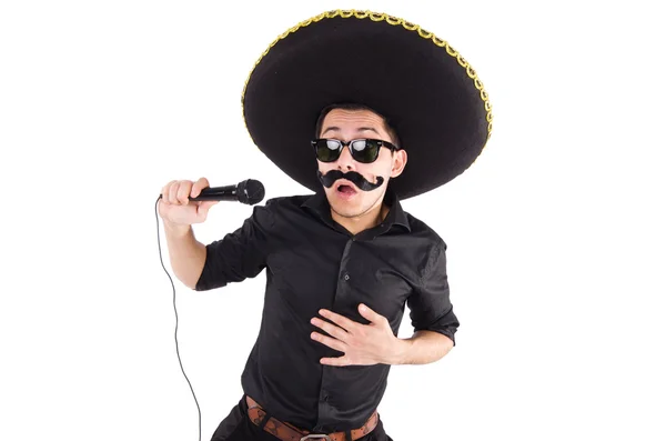 Homem engraçado usando chapéu sombrero mexicano isolado em branco — Fotografia de Stock