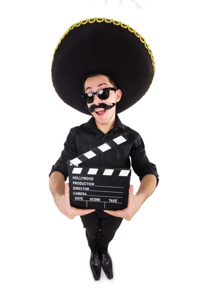 Homem engraçado usando chapéu sombrero mexicano isolado em branco — Fotografia de Stock