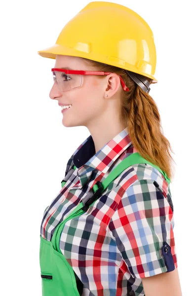 Femme avec boîte à outils isolée sur blanc — Photo