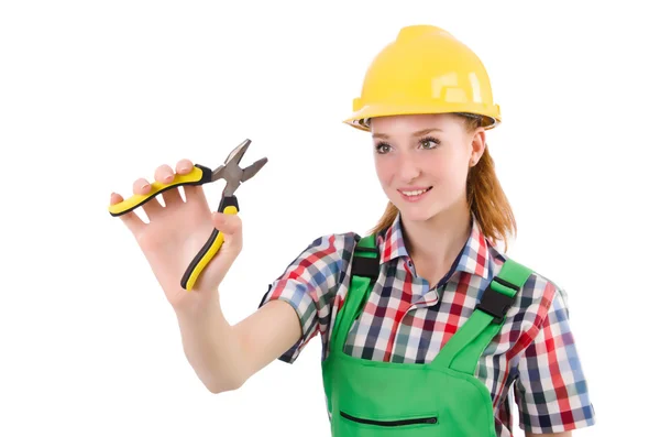 Construction worker female with pliers isolated on white — Stock Photo, Image