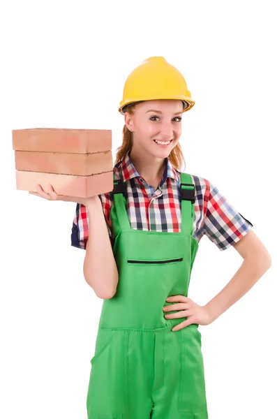 Woman with bricks isolated on white — Stock Photo, Image