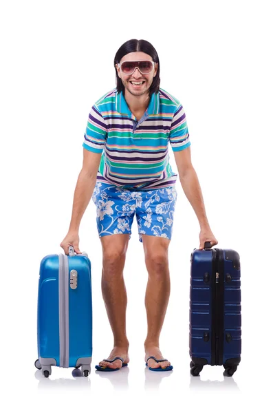 Muž cestující s kufry izolovanými na bílém — Stock fotografie
