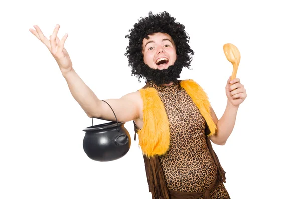 Funny caveman with pot isolated on white — Stock Photo, Image