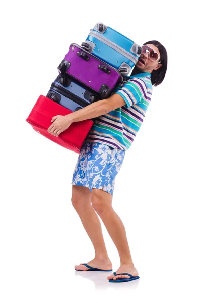 Hombre viajando con maletas aisladas en blanco — Foto de Stock