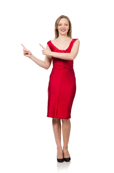 Flicka i röd klänning visar något på händerna — Stockfoto