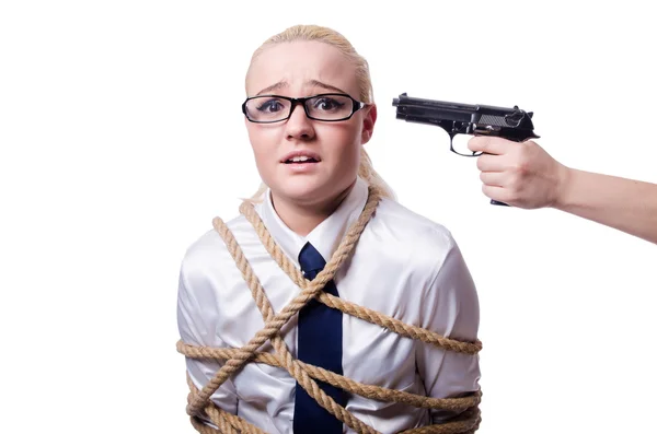 Businesswoman tied up with rope — Stock Photo, Image