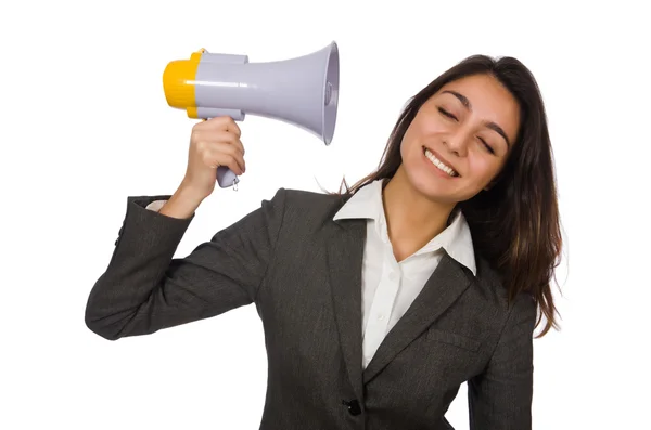 Woman with loudspeaker on white — Stock Photo, Image