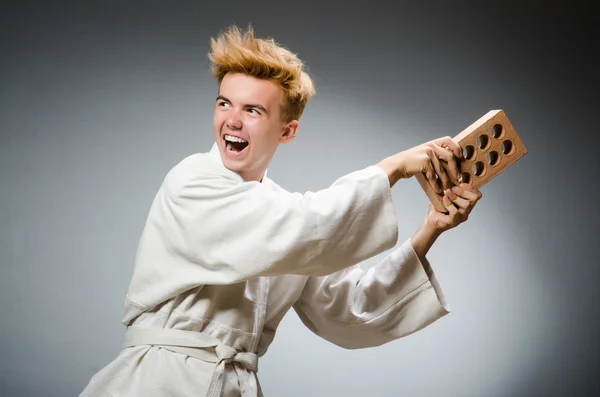 Grappige karate vechter met klei baksteen — Stockfoto