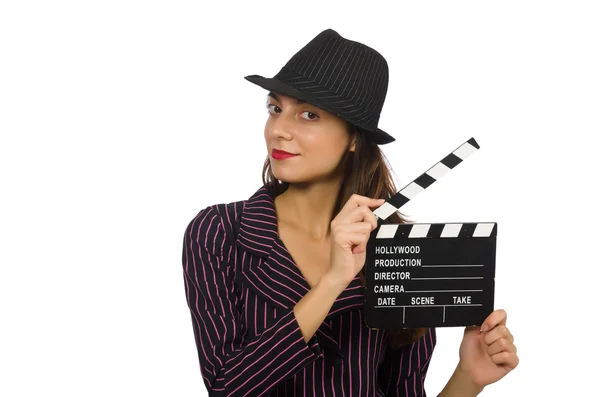 Frau mit Filmklappbrett isoliert auf dem weißen — Stockfoto