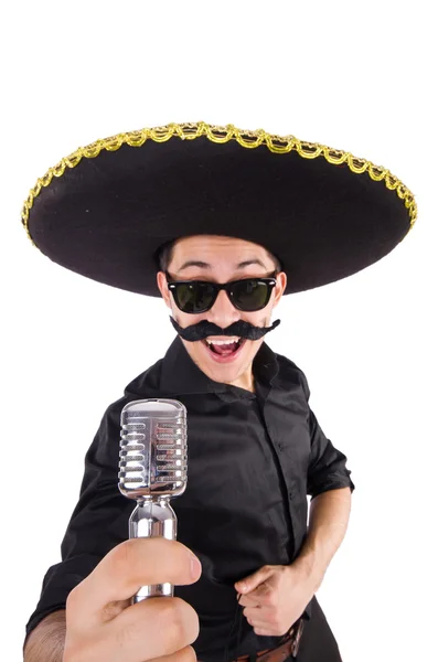 Homem engraçado usando chapéu sombrero mexicano isolado em branco — Fotografia de Stock