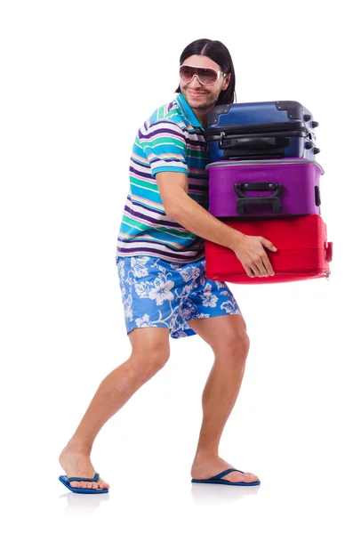 Man travelling with suitcases isolated on white — Stock Photo, Image