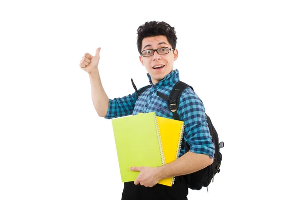 Grappige student met boeken geïsoleerd op wit — Stockfoto