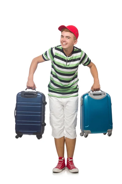 Homme drôle avec valise isolée sur blanc — Photo