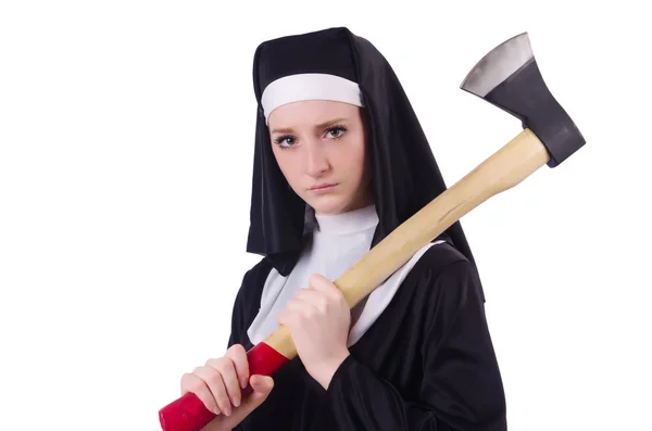 白で隔離の斧と修道女 — ストック写真