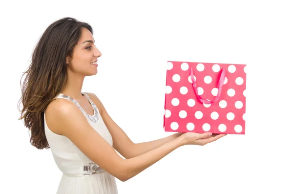 Femme avec des sacs à provisions isolés sur blanc — Photo