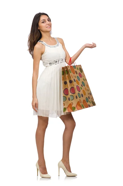 Donna con shopping bags isolata su bianco — Foto Stock