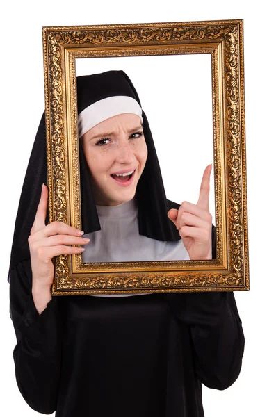 Young nun with frame isolated on white — Stock Photo, Image