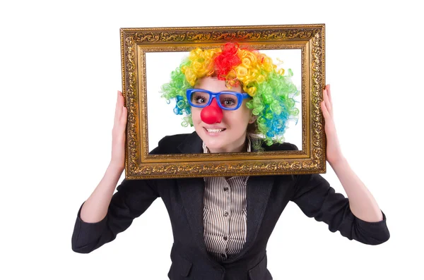 Funny clown girl with frame isolated on white — Stock Photo, Image