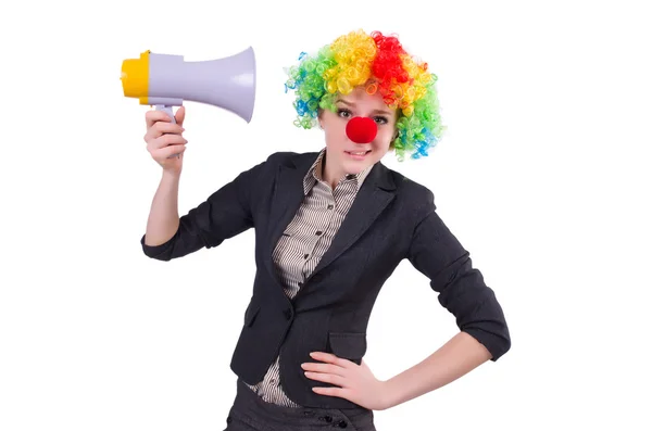 Zakenvrouw clown met luidspreker — Stockfoto