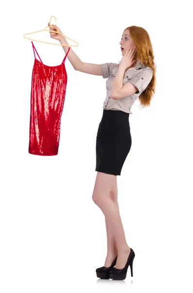 Mujer eligiendo el vestido aislado en blanco —  Fotos de Stock