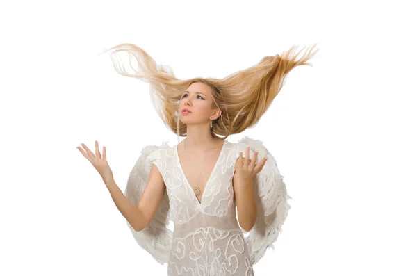 Kobieta z anielskimi skrzydłami odizolowana na białym — Zdjęcie stockowe