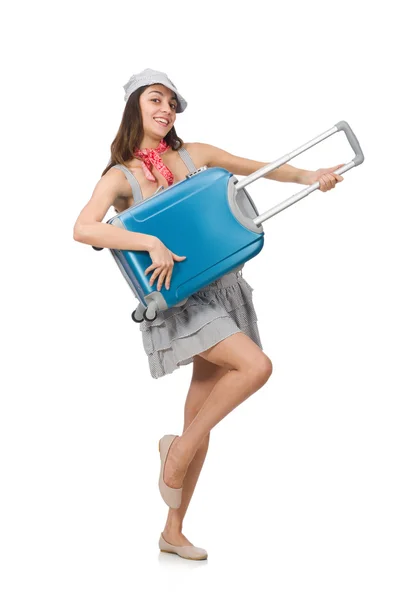 Femme avec valise isolée sur blanc — Photo