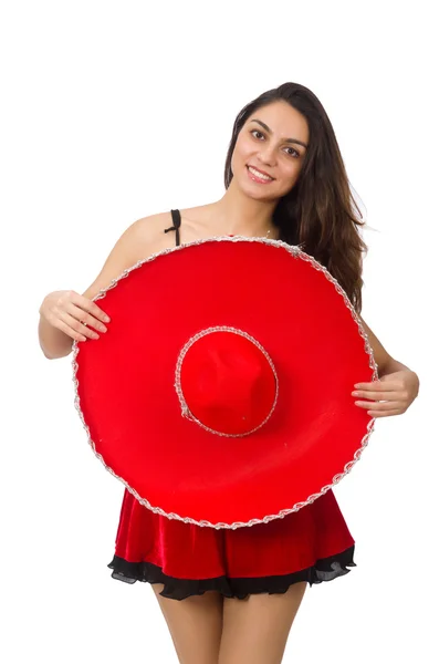 Woman wearing red sombrero isolated on white — Stock Photo, Image