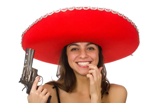 Frau trägt roten Sombrero isoliert auf weißem Grund — Stockfoto