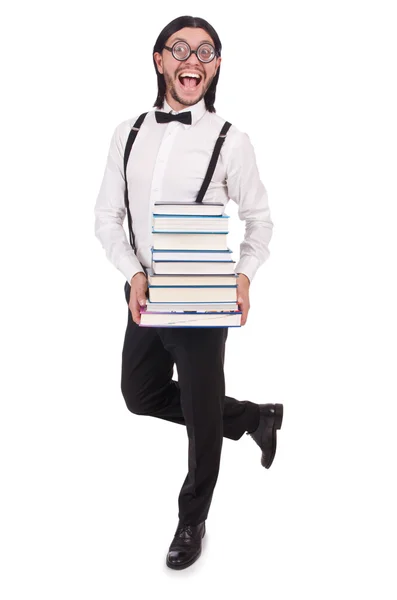 Grappige student met boeken geïsoleerd op wit — Stockfoto