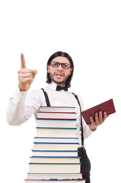 Estudante engraçado com livros isolados em branco — Fotografia de Stock