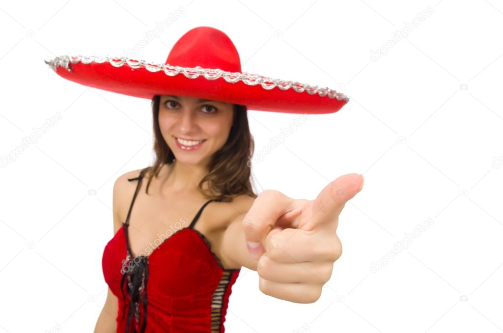 Woman wearing red sombrero isolated on white