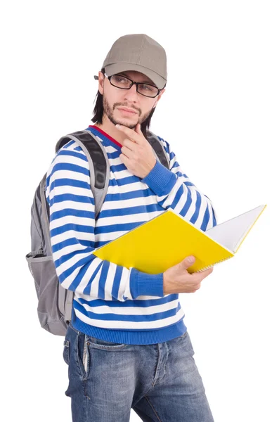 Student mit Büchern auf Weiß — Stockfoto