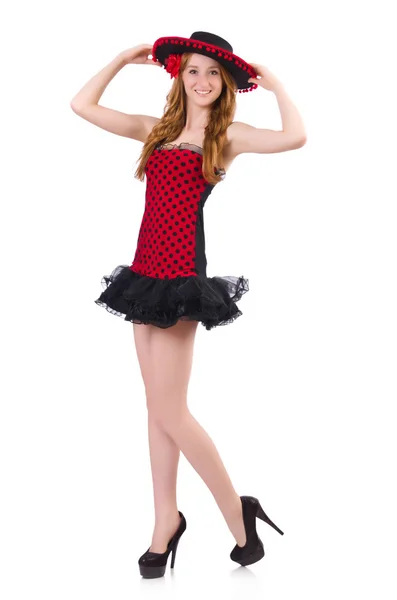 Young redhead girl in polka dot dress and  sombrero isolated on — Stock Photo, Image