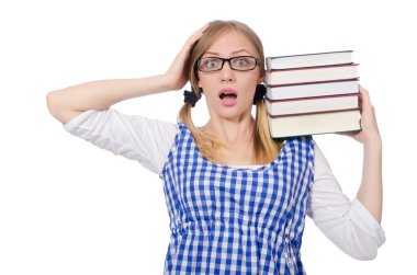 Bir yığın kitabı olan komik öğrenci.