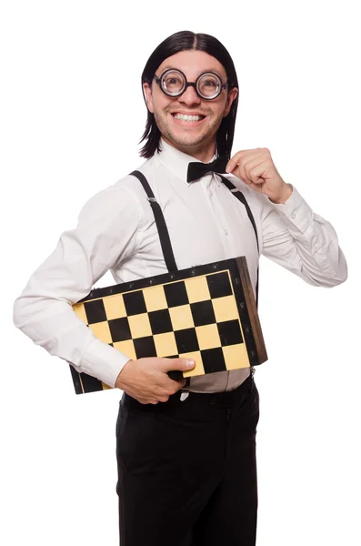 하얀 옷을 입고 홀로 서 있는 괴팍 한 체스 선수 — 스톡 사진