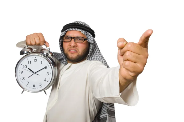 Homme arabe avec horloge isolé sur blanc — Photo