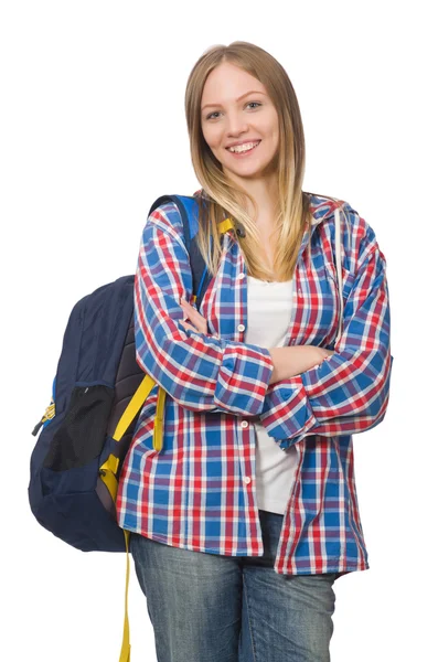 Ung kvinna student med ryggsäck isolerad på vit — Stockfoto