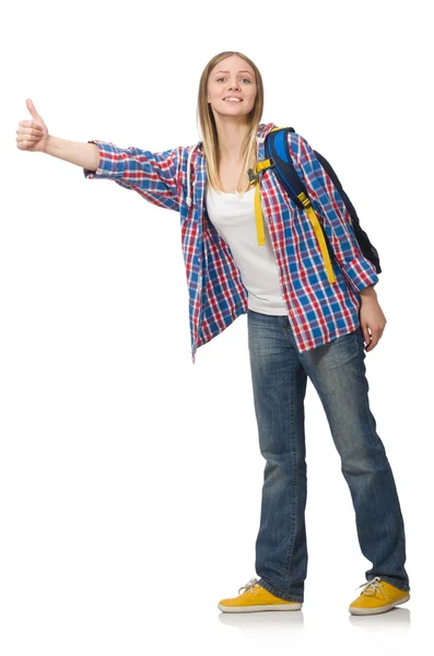 Junge Studentin mit Rucksack isoliert auf weißem Grund — Stockfoto