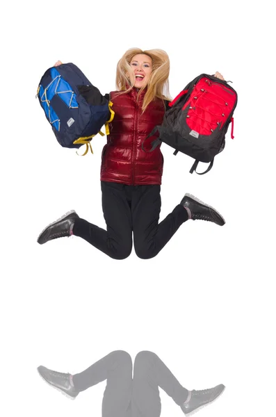 Young woman student with backpack isolated on white — Stock Photo, Image