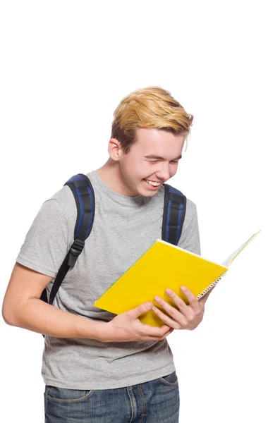Студент с книгами на белом — стоковое фото