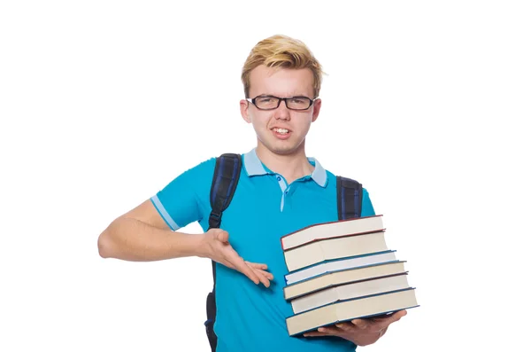 Estudiante enojado con libros aislados en blanco — Foto de Stock