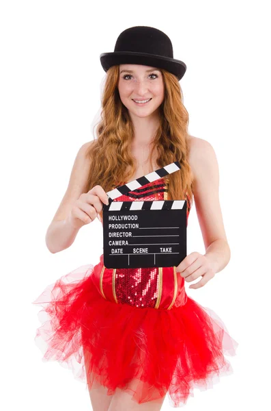 Young fairy with clapperboard isolated on white — Stock Photo, Image