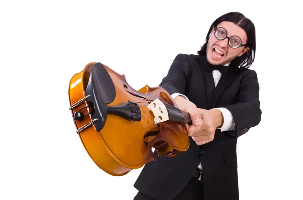 Homem engraçado com instrumento de música em branco — Fotografia de Stock