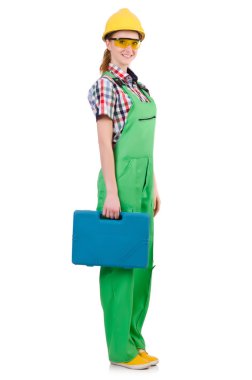 Alet çantalı bir kadın beyaza izole edilmiş.