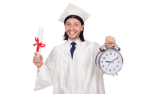 Student missing his deadlines with clock on white — Stock Photo, Image
